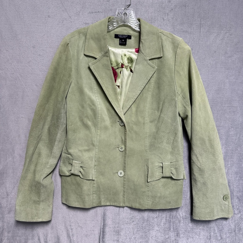 Karen Kane Blazer Womens Medium Green Leather Floral Lining‎ Bow Pockets